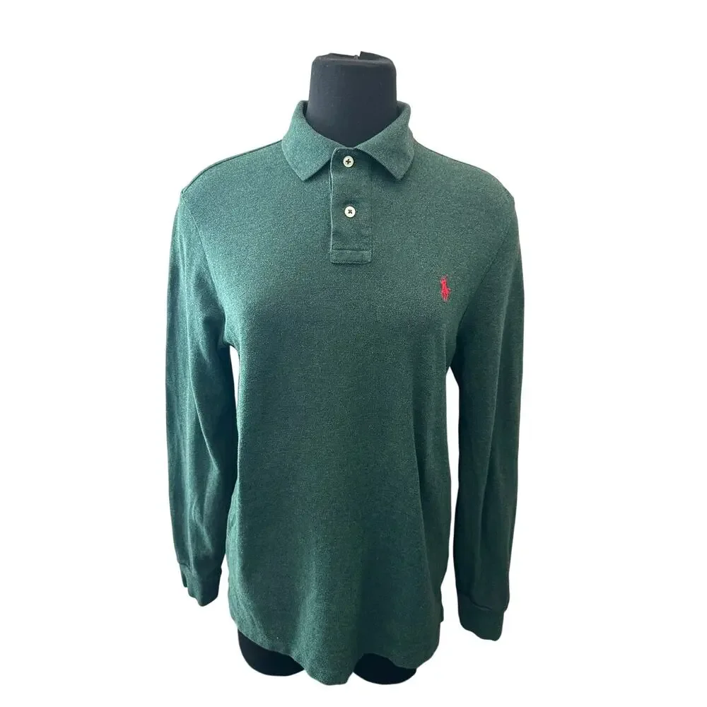 POLO Ralph Lauren Custom Slim Fit Long Sleeve Polo Shirt Green Pony Logo Medium